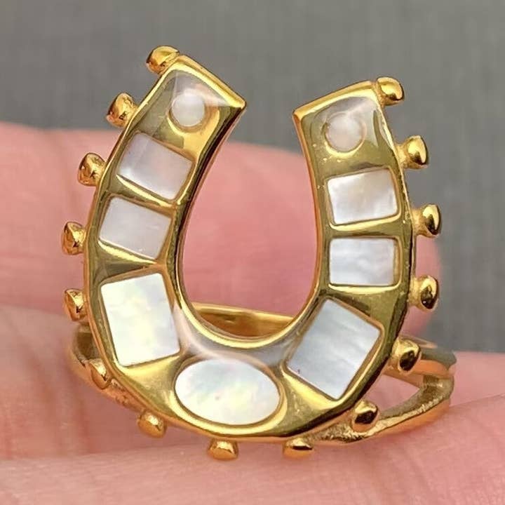 Shell Inlaid Horseshoe Shape 18K Golden S.Steel Ring - FGS for wholesale by Mio Queena