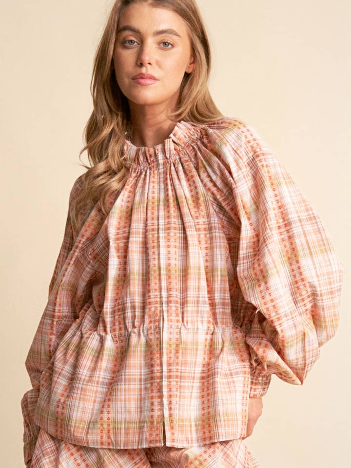 Orange Long Sleeve Plaid Floral Zip Up Shacket for wholesale on Faire