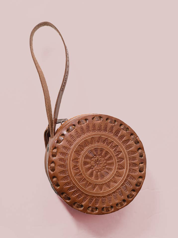 Embossed Leather Circle Wristlet in Brown for wholesale by Purse & Clutch