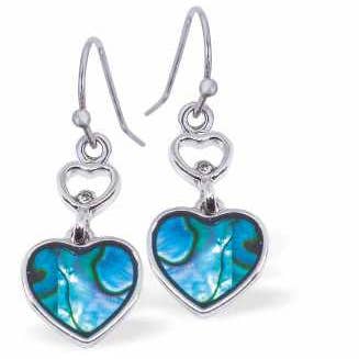 Pendientes colgantes de corazón de concha de paua, con eslabones de corazón. Rodio para venta al por mayor de Byzantium Collection Ltd