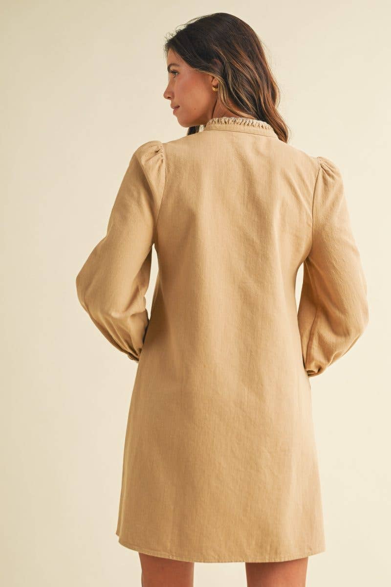 TAUPE Blanket Stitch Button Down Cotton Twill Dress for wholesale on Faire3
