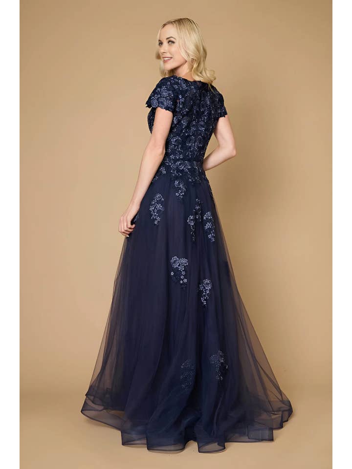 Long Lace Navy Mother of the Bride Dress for wholesale on Faire