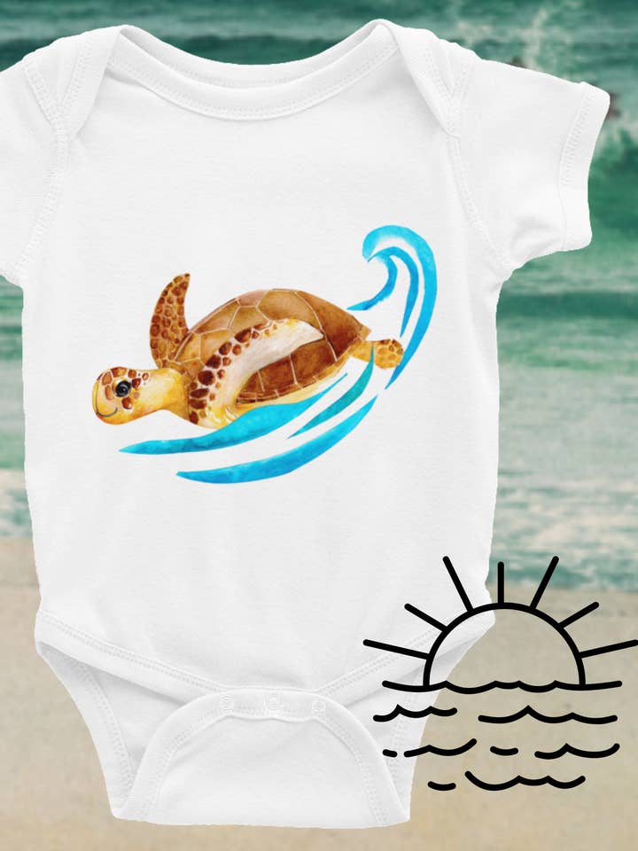 Surfing Sea Turtle Onesie for wholesale by Blue Mermaid Art
