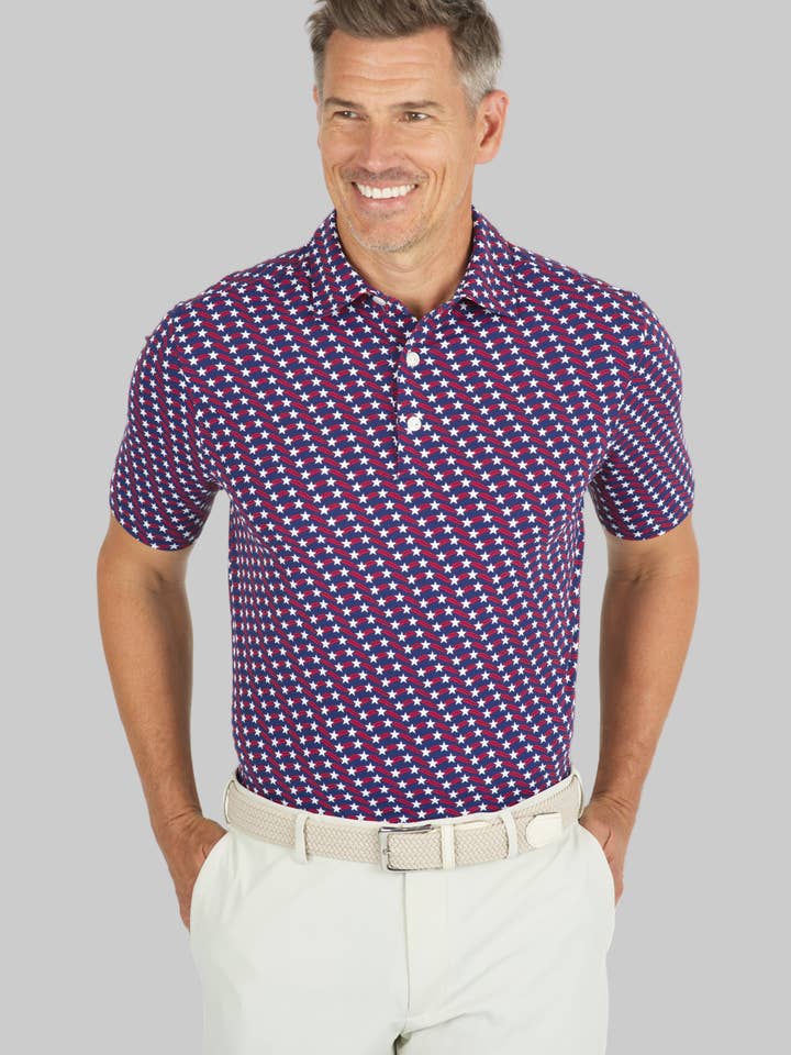 Waving Stars & Stripes Print Short Sleeve Polo for wholesale by IBKÜL