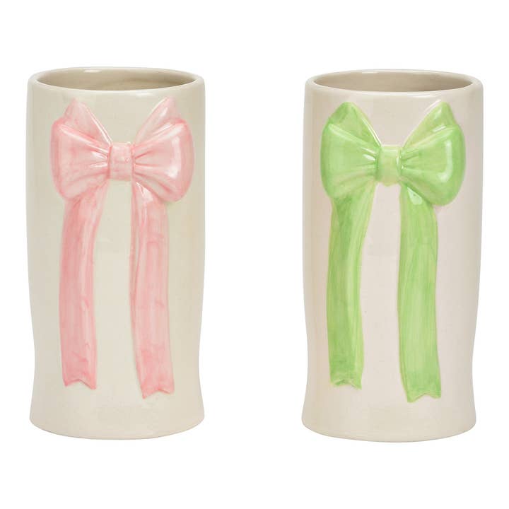 Vase with Bow made of Ceramic, 2-piece, Pink/Green (W/H/D) 7x15x8cm for wholesale by Wurm