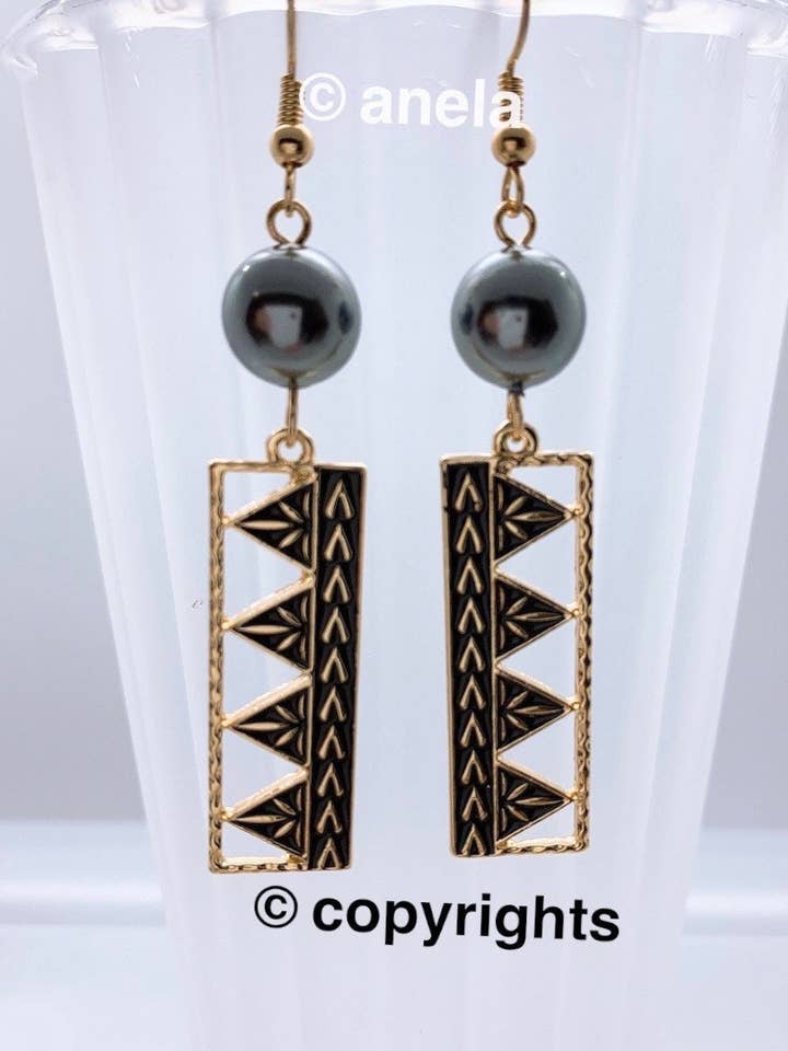 Mauna Kea Black Tribal Rectangle: Hamilton Gold Earring with Shell Pearls for wholesale by Anela's Jewelry