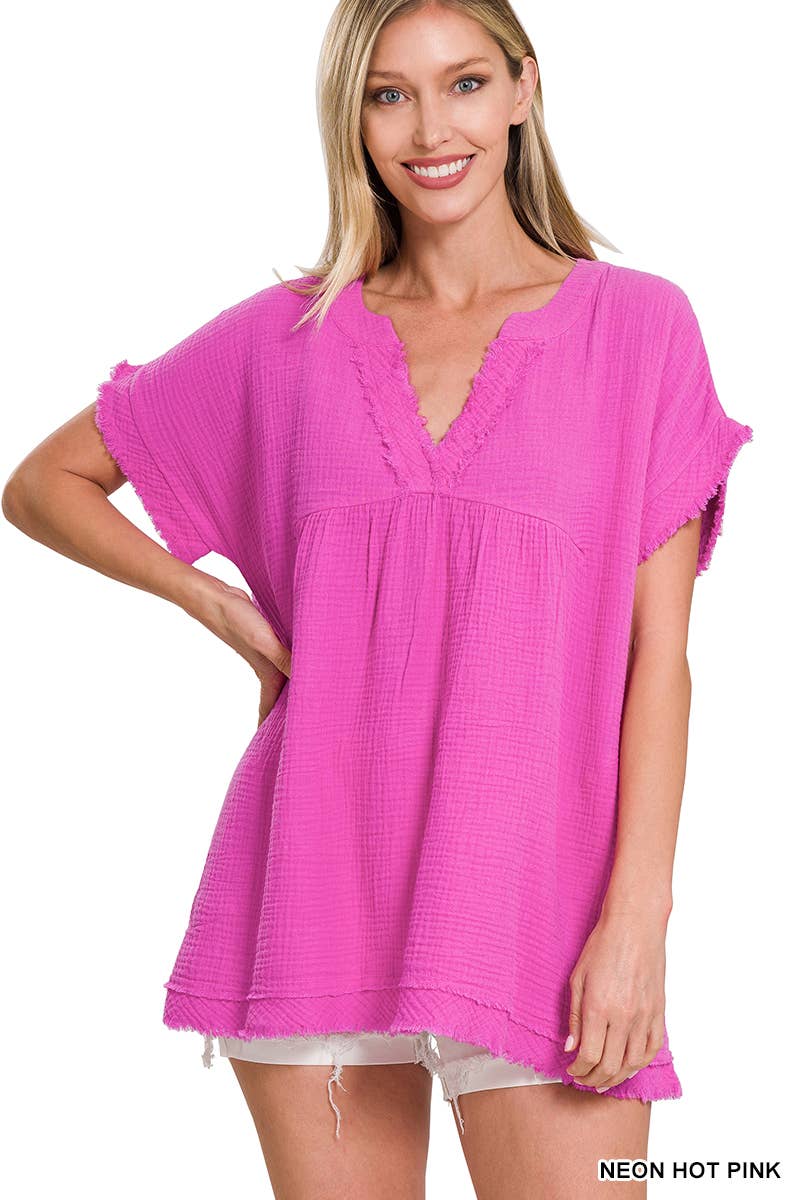 42POPS – wholesale Tunika - Dam – "Rå kant kortärmad V-ringad tröja34