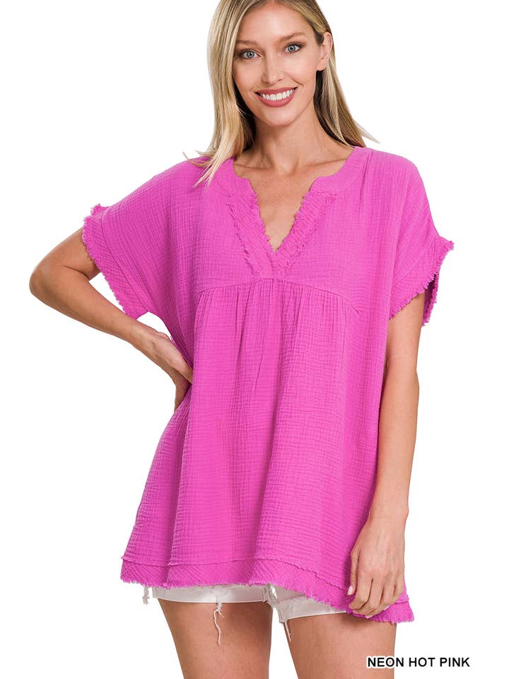 42POPS – wholesale Tunika - Dam – "Rå kant kortärmad V-ringad tröja34