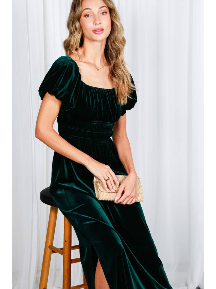 Vine & Love - Wholesale Dress - Women's - Square Neck Puff Sleeve Smocked Velvet Maxi Dress VD82053