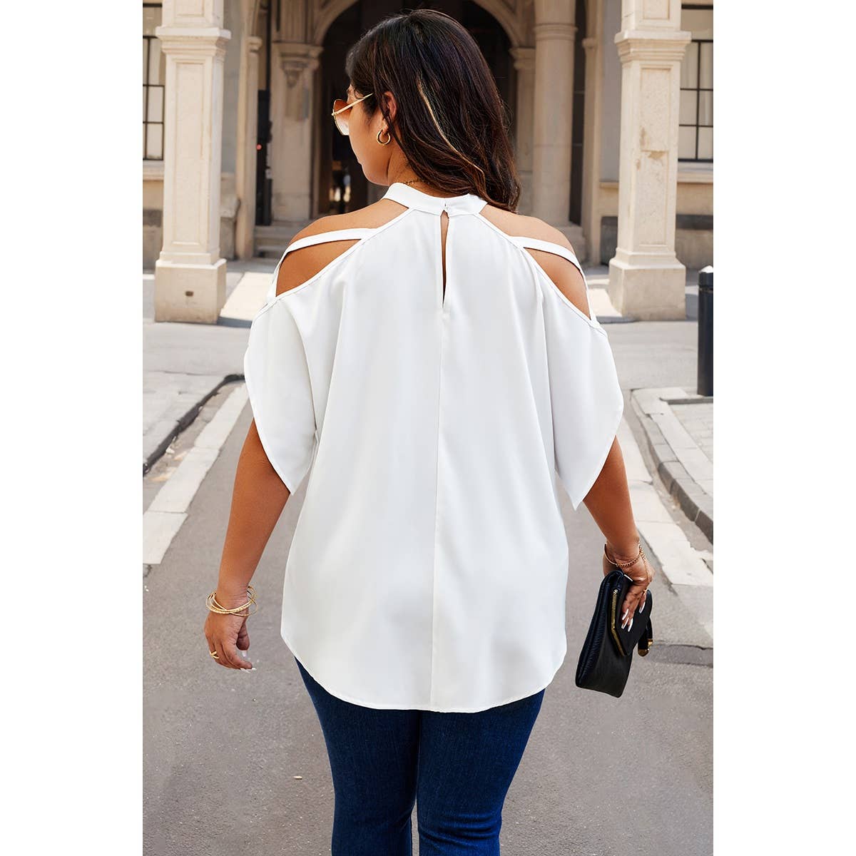 WHITE Plus Halter Open Shoulder Bat Sleeves Loose Top for wholesale on Faire4