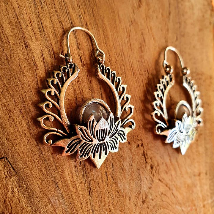Kaali Boutique - Wholesale Hoop Earrings - Silver Lotus Flower Moonstone Earrings rustic, yoga, hippie, gypsy, pretty, psy, boho, bohemian, festival3