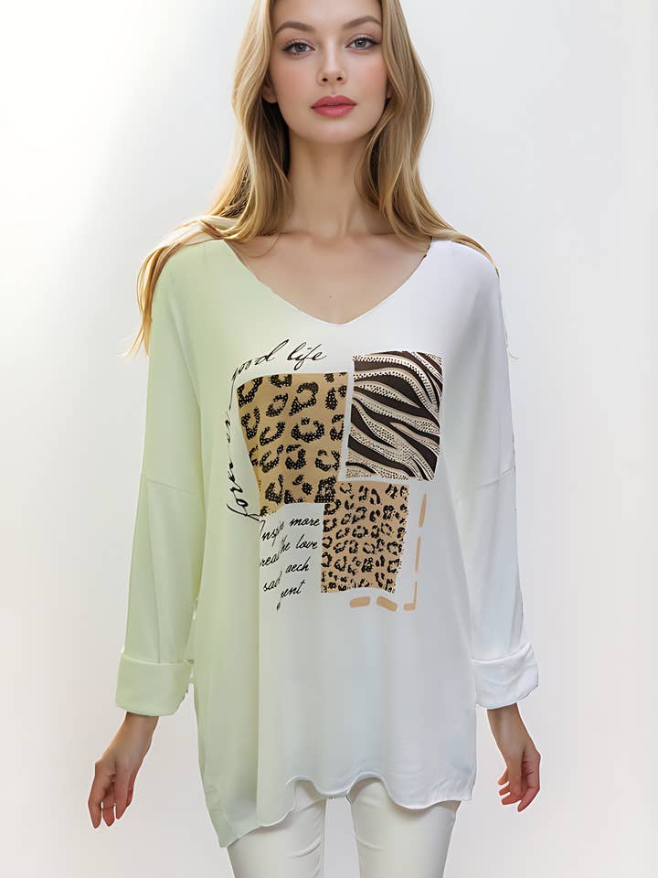 V-hals Leopard med zebraprint Diamante Top for engroshandel hos Misstreat