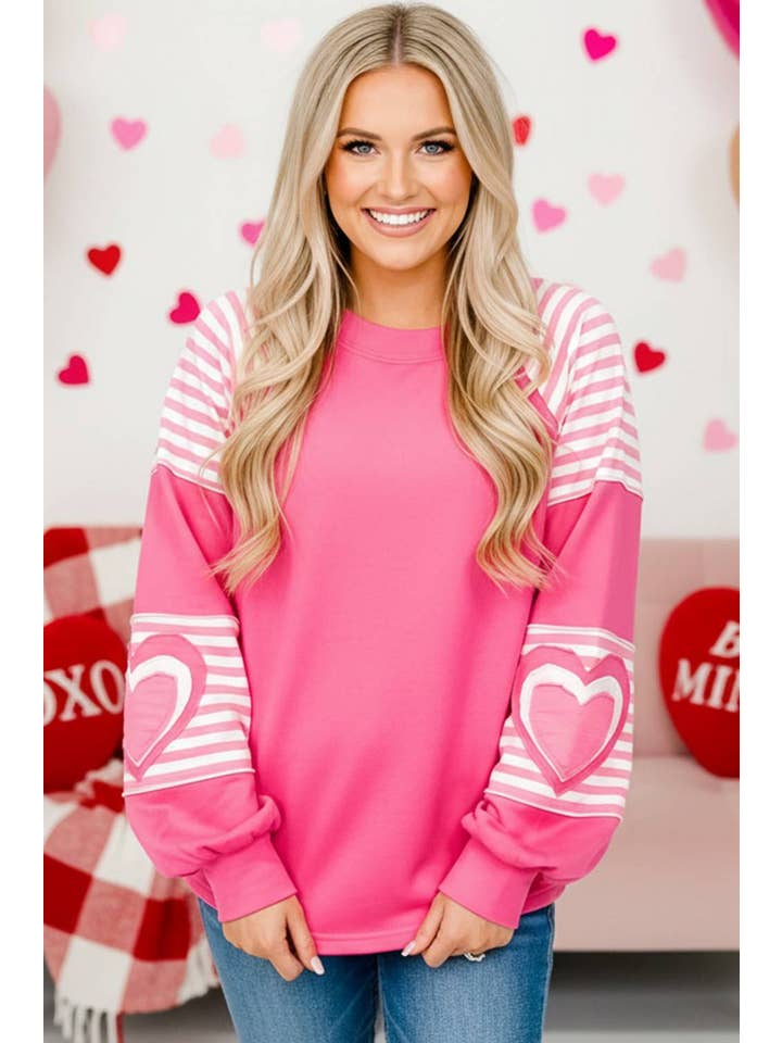 Strawberry Pink Valentine Heart Shape Striped Patched Long Sleeve Loose Top for wholesale on Faire