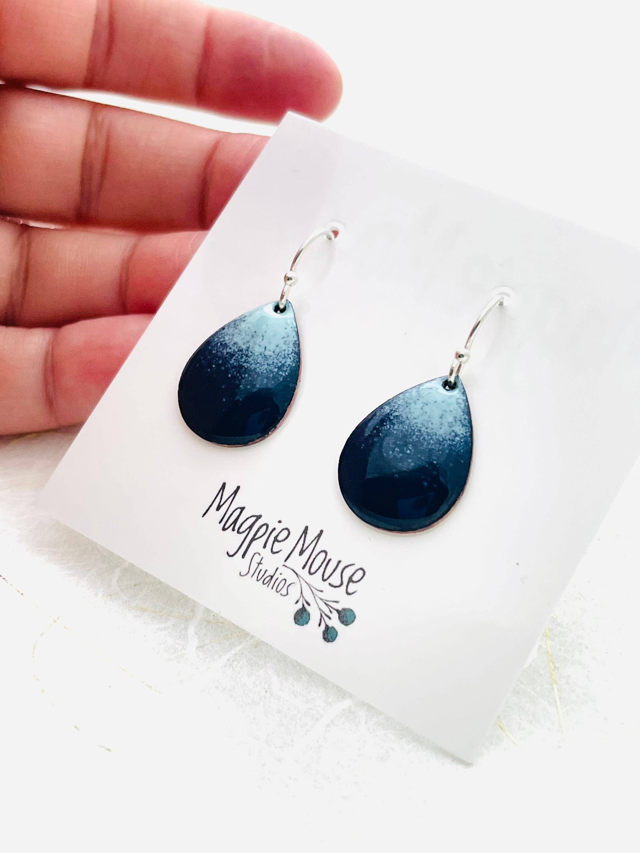 Magpie Mouse Studios – wholesale Dangle earrings – Small Teardrop Earrings, Navy Blue Ombrè Enamel Minimalist 2
