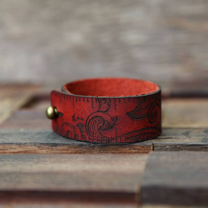 Leather Ruler Cuff with Bronze Stud for Knitting & Sewing for wholesale by Sunrise Grove