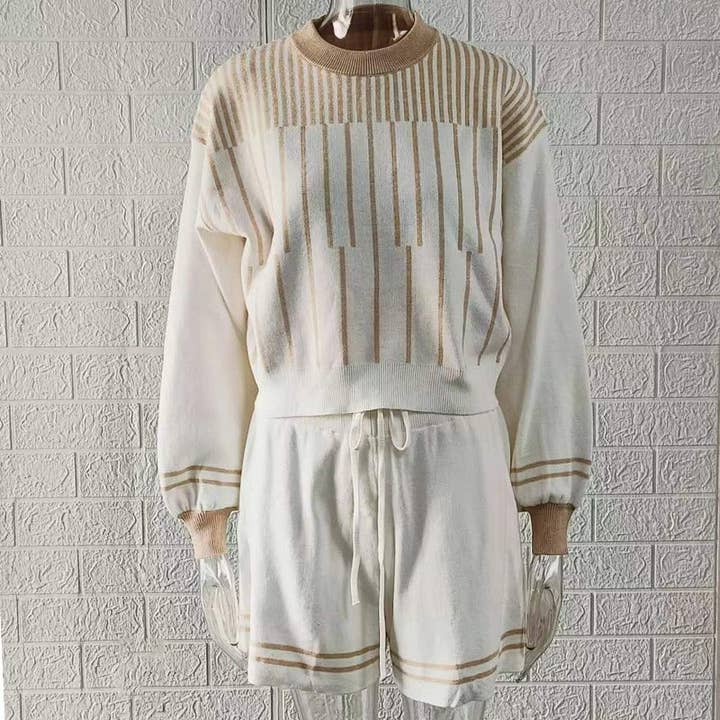 Rosa Clothing - Wholesale Lounge Set - Women's - Color-Blocked Striped Knitted Top And Shorts Set