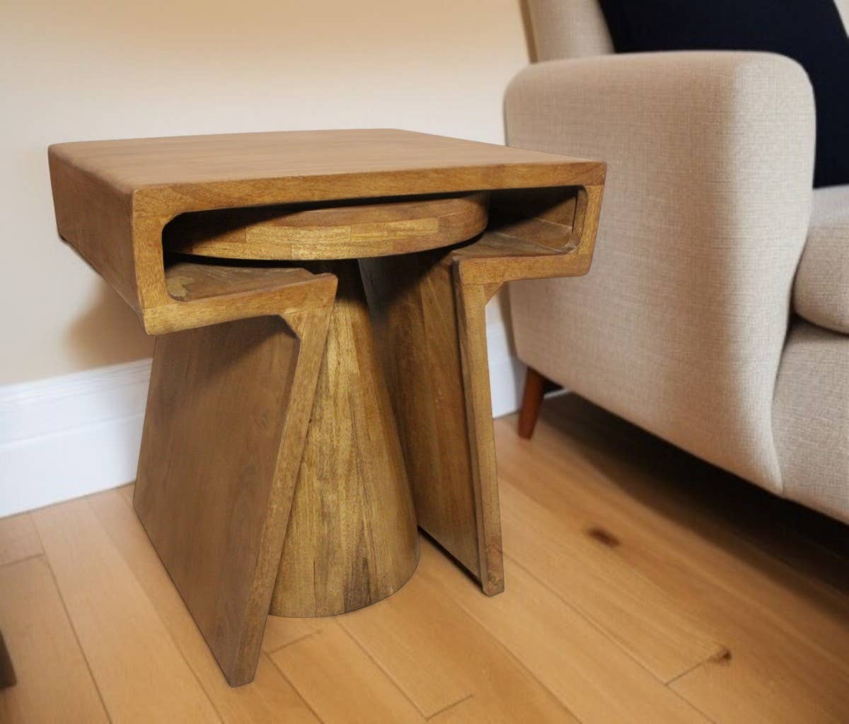 HomeRoots - Wholesale Side Table - Set of Two Walnut Distressed Solid Wood Pedestal Nested Tables1