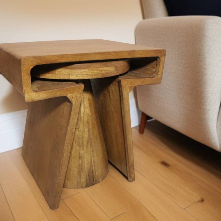 HomeRoots - Wholesale Side Table - Set of Two Walnut Distressed Solid Wood Pedestal Nested Tables1