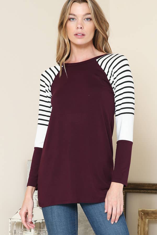 Burgundy Apparel - Wholesale Knit Top - Women's - STRIPE SLEEVE CONTRAST BASEBALL TOP9
