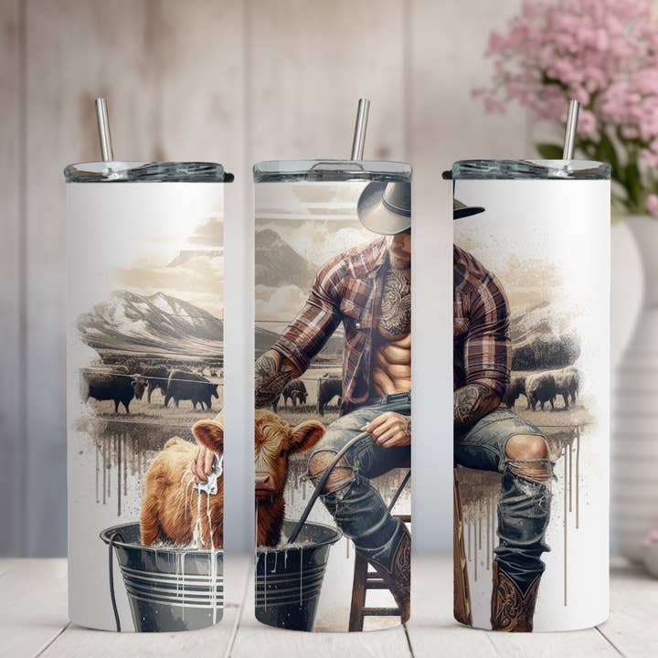 Western Cowboy Bathing Highland 20oz/30oz Skinny Tumbler for wholesale by Honey Jar Creations