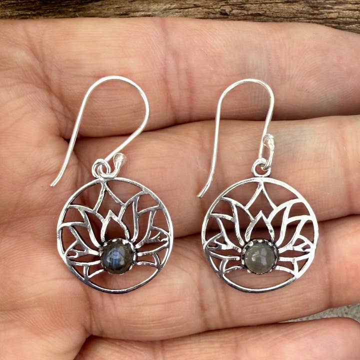 Tibetan Lotus Silver Earrings Meditation Yoga Jewelry for wholesale by Lungta Imports