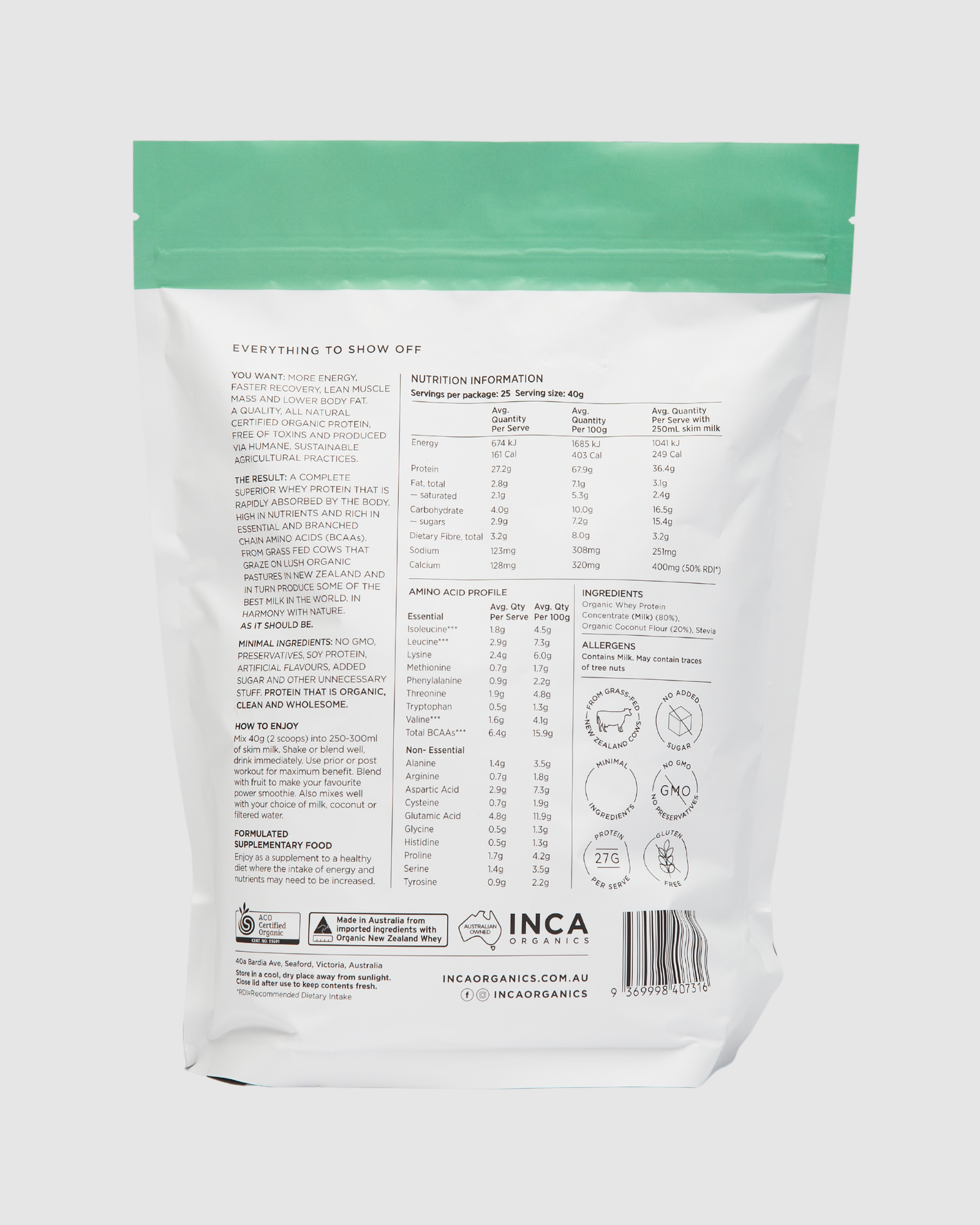 INCA Organics - Wholesale Protein/superfood powder - Organic Whey Protein Powder- Coconut 1kg1