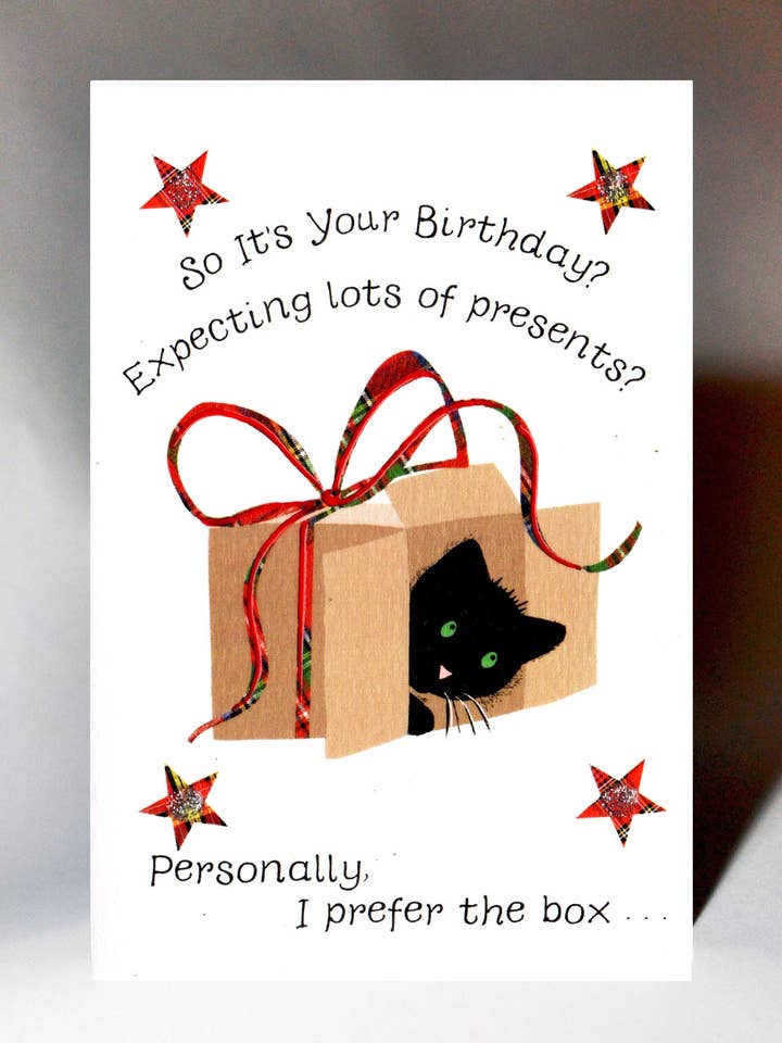 Handgemachte Geburtstagskarte Katze in einer Box für den Großhandel von Wee Wishes