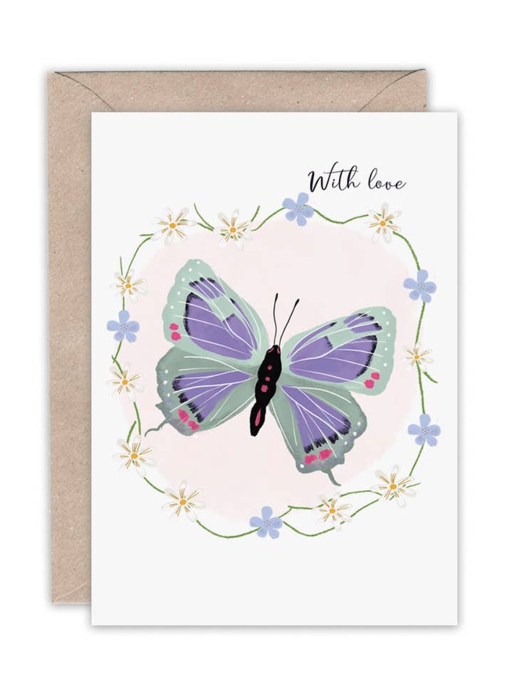 Met liefdeskaart met vlinder en madeliefjesketting voor wholesale door Emma Bryan Design