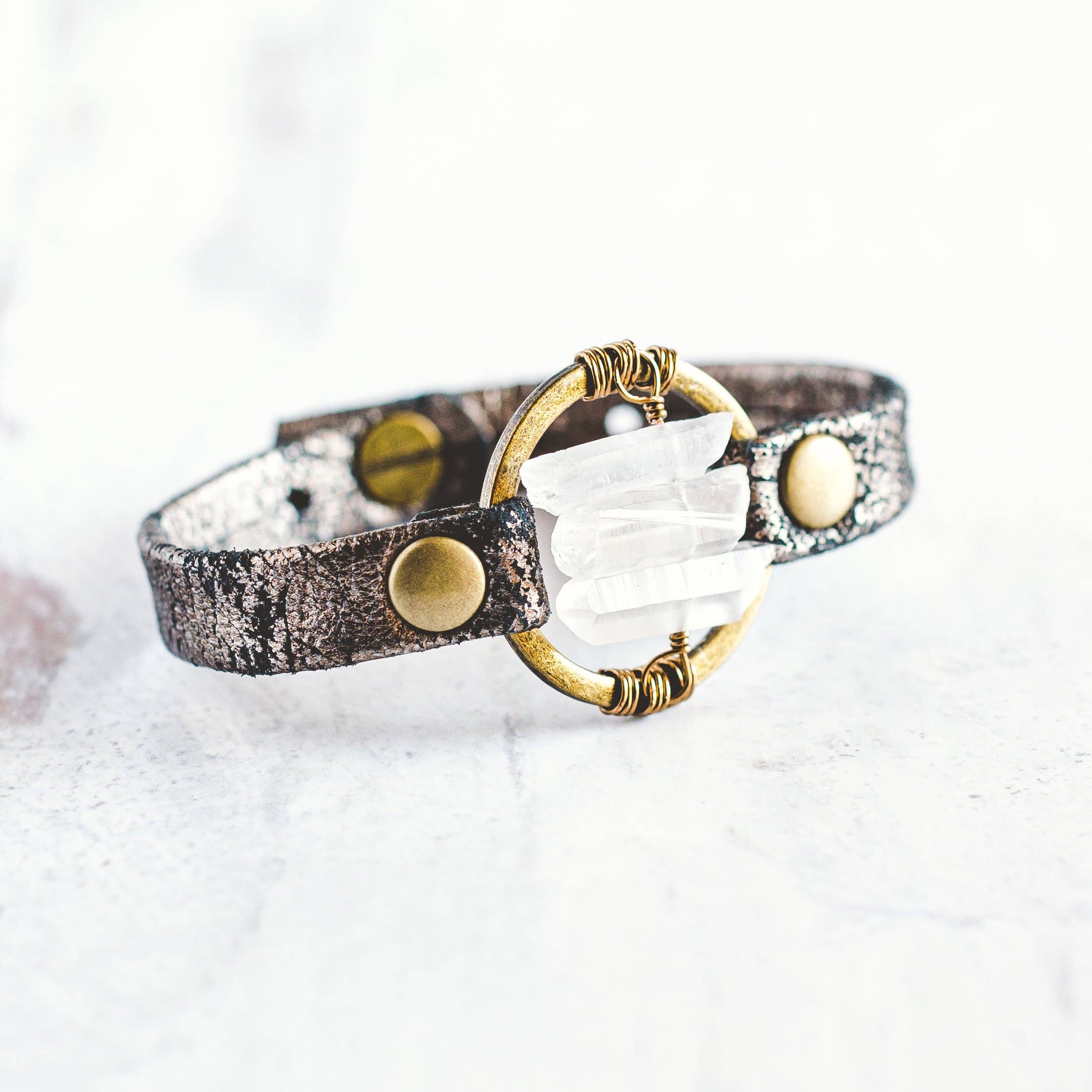 Giving Bracelets - Wholesale Bangle Bracelet - Be the Light Leather Bracelet-Antique Brass-Quartz Crystal1