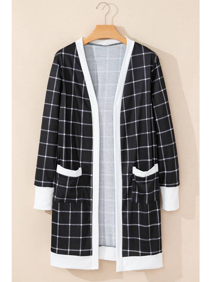 Black Plaid Colorblock Pocketed Cardigan for wholesale on Faire