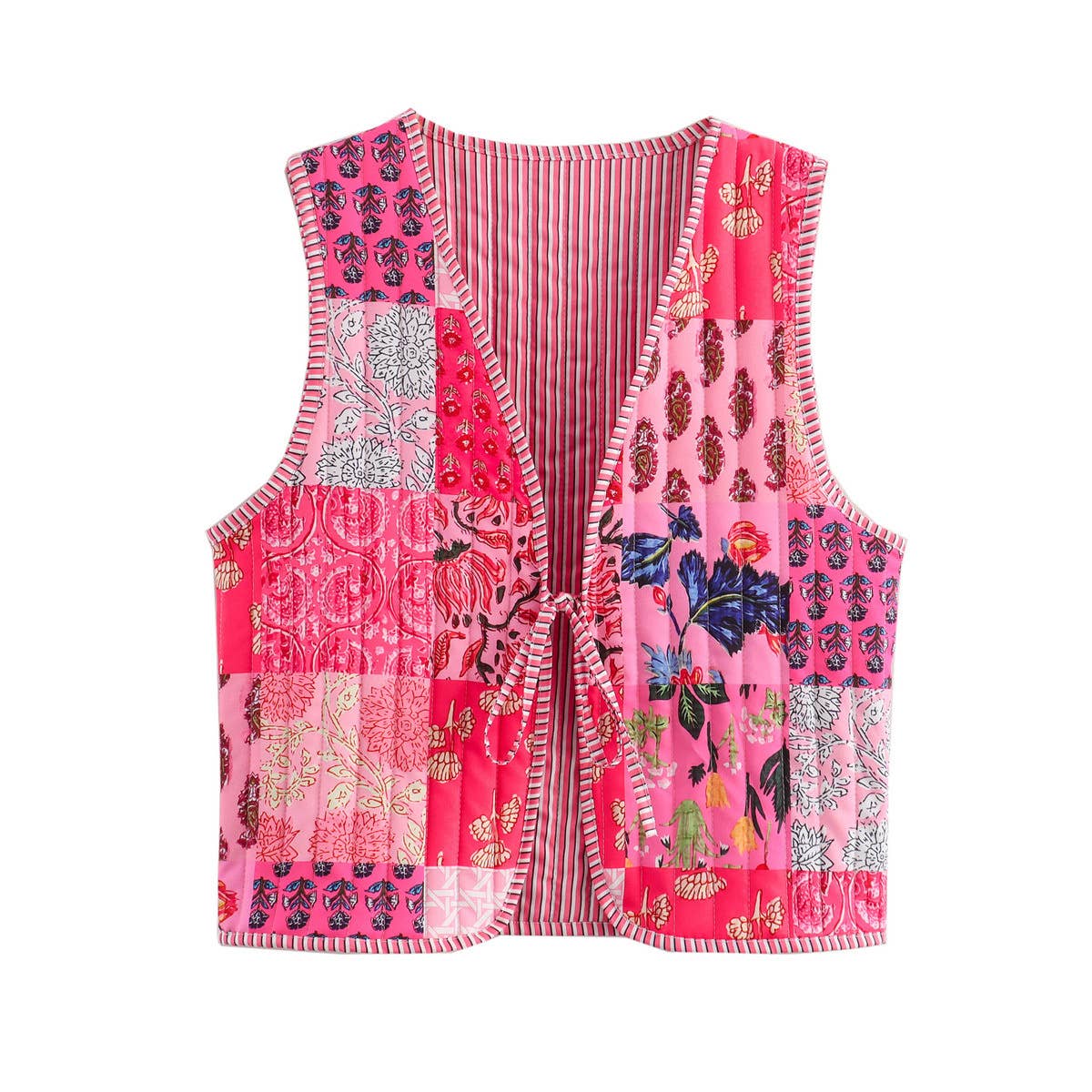 Rosa Clothing - Wholesale Outerwear Vest - Women's - Oriental porcelain printed Tie front Floral quilted vest0