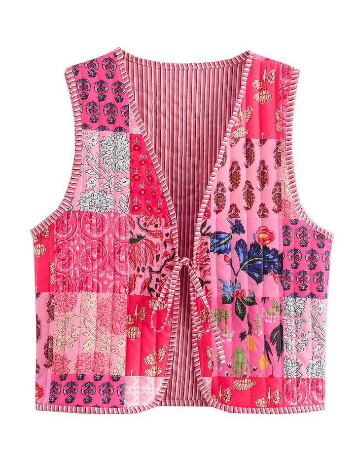 Rosa Clothing - Wholesale Outerwear Vest - Women's - Oriental porcelain printed Tie front Floral quilted vest