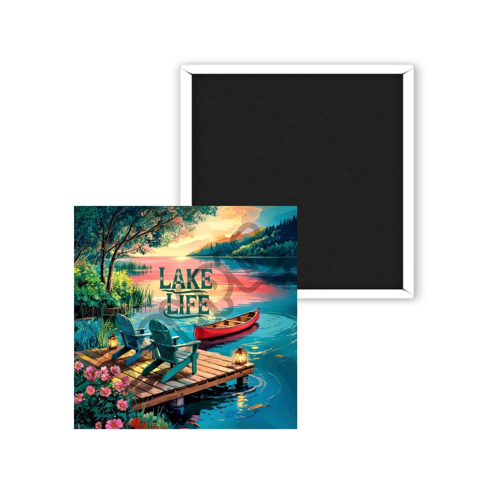 Uniquely Designed By Rebecca – wholesale Magnet – “Lake Life” Scenic Magnet – 2x2" Square0