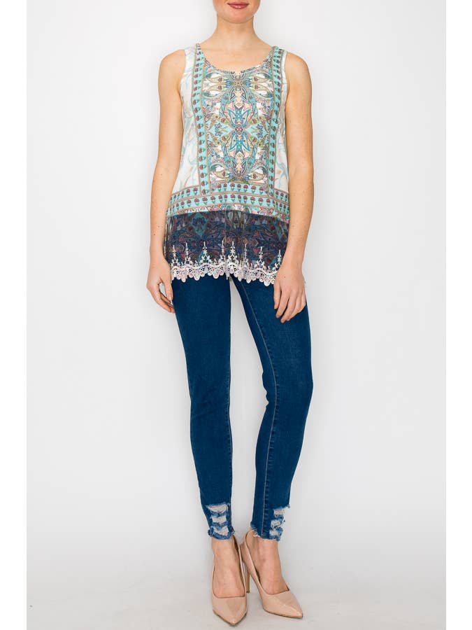 TURQ TANK TOP WITH LACE TRIMMING LAYER-T08 IV-TURQ for wholesale on Faire