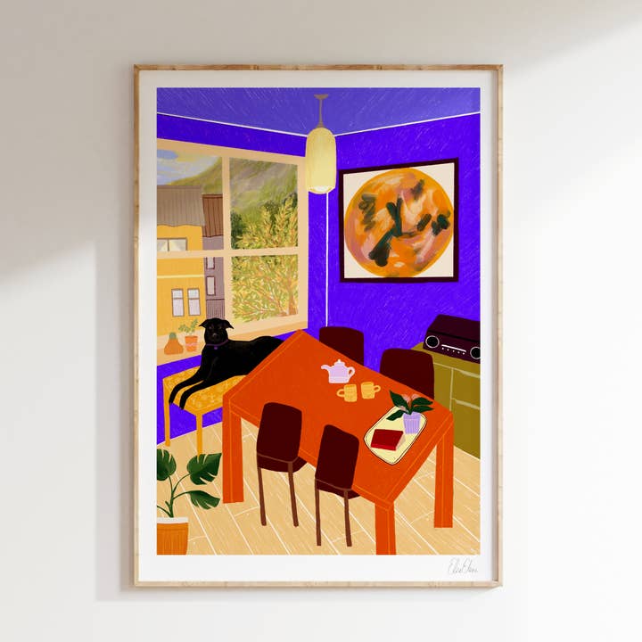 First Home Art Print | Black Dog Illustration for wholesale by Elsa Eleni