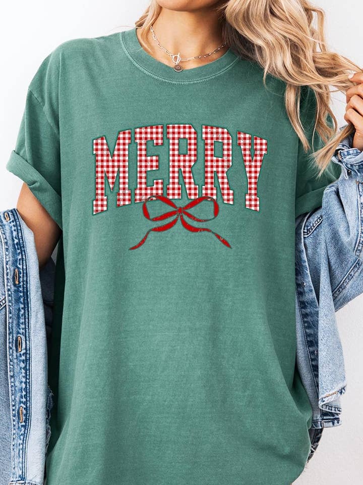 Plaid Frohe Weihnachten Schleife Grafik Kleidungsstück Gefärbtes T-Shirt für den Großhandel von COLORBEAR