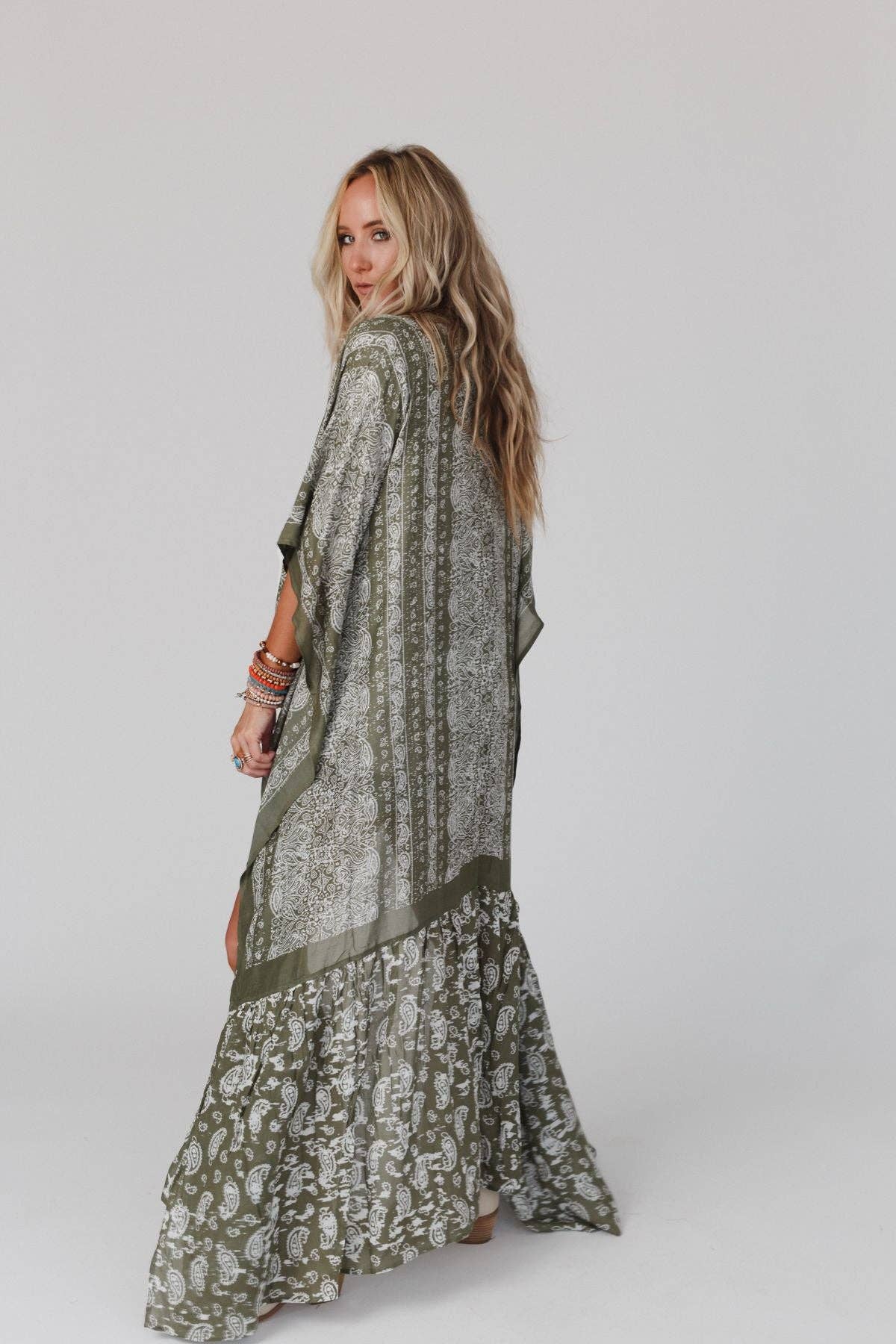 Three Bird Nest - Wholesale Kimono - Women's - Paisley Tapestry Free Flow Duster Kimono - Olive13