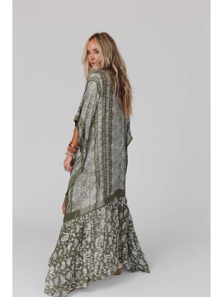 Three Bird Nest - Wholesale Kimono - Women's - Paisley Tapestry Free Flow Duster Kimono - Olive13