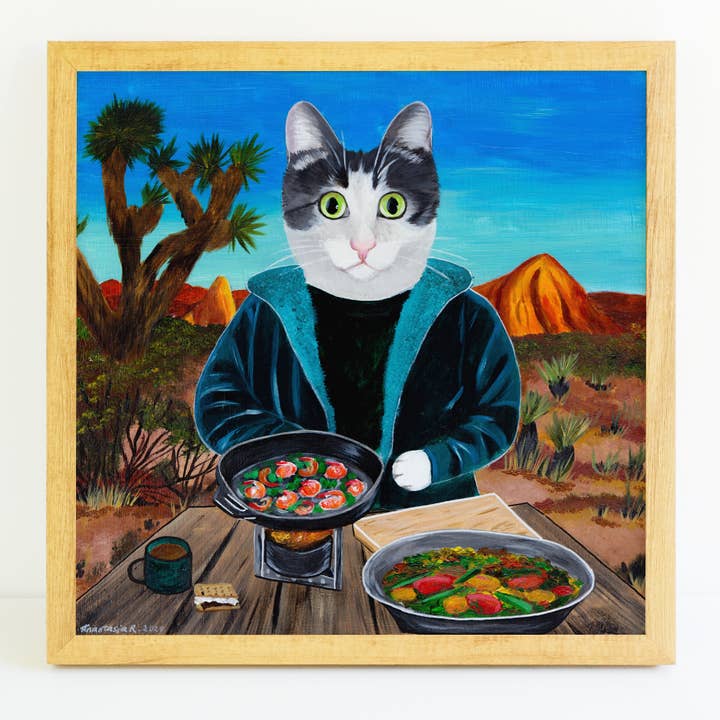 Cat Chef Camping at Joshua Tree Art Print for wholesale by MeerCatArt