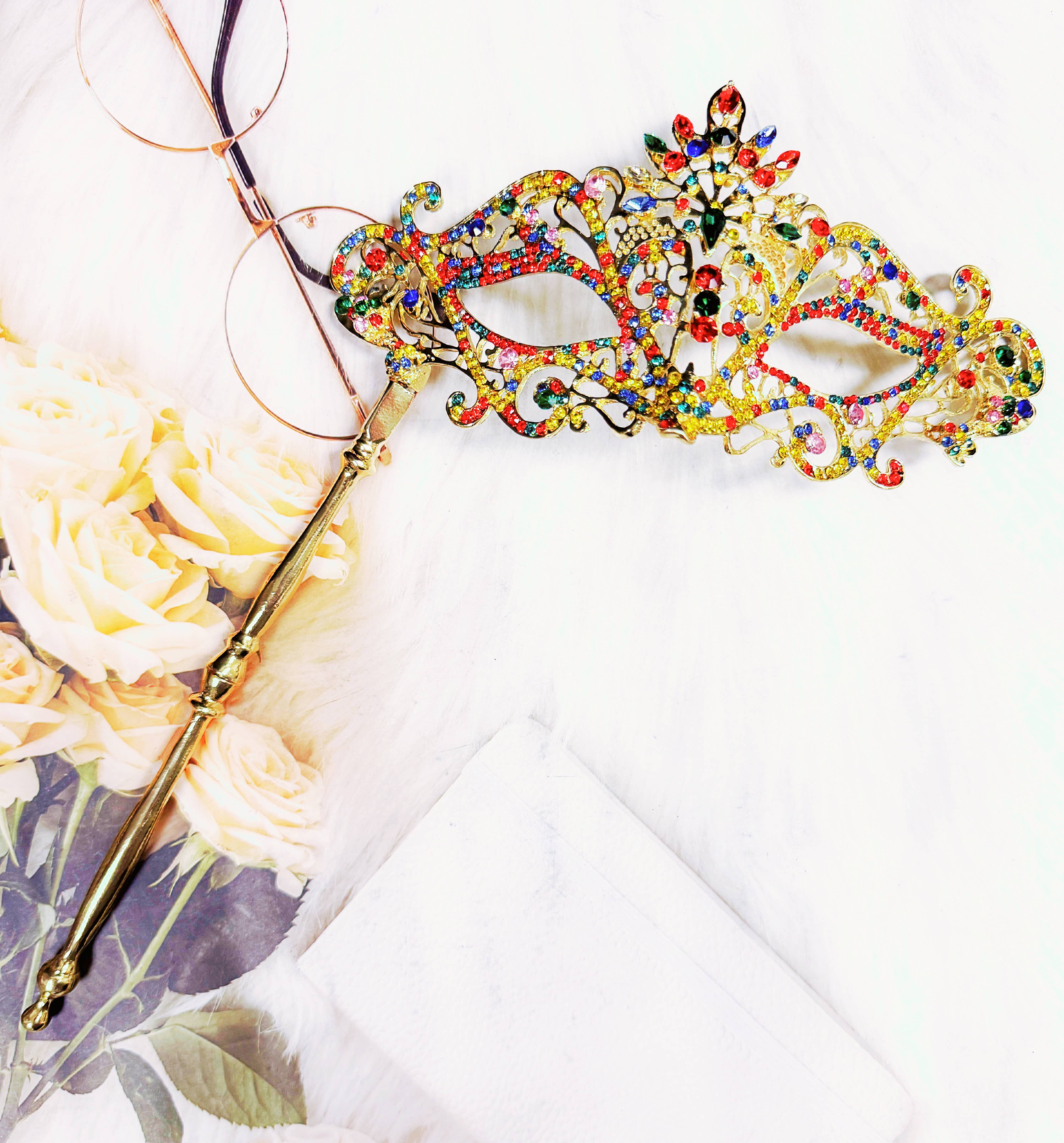Happy Dream Gifts – wholesale Costume – Women's – Rainbow Masquerade Mask, Crystal Handheld Mask, Gold Mask6