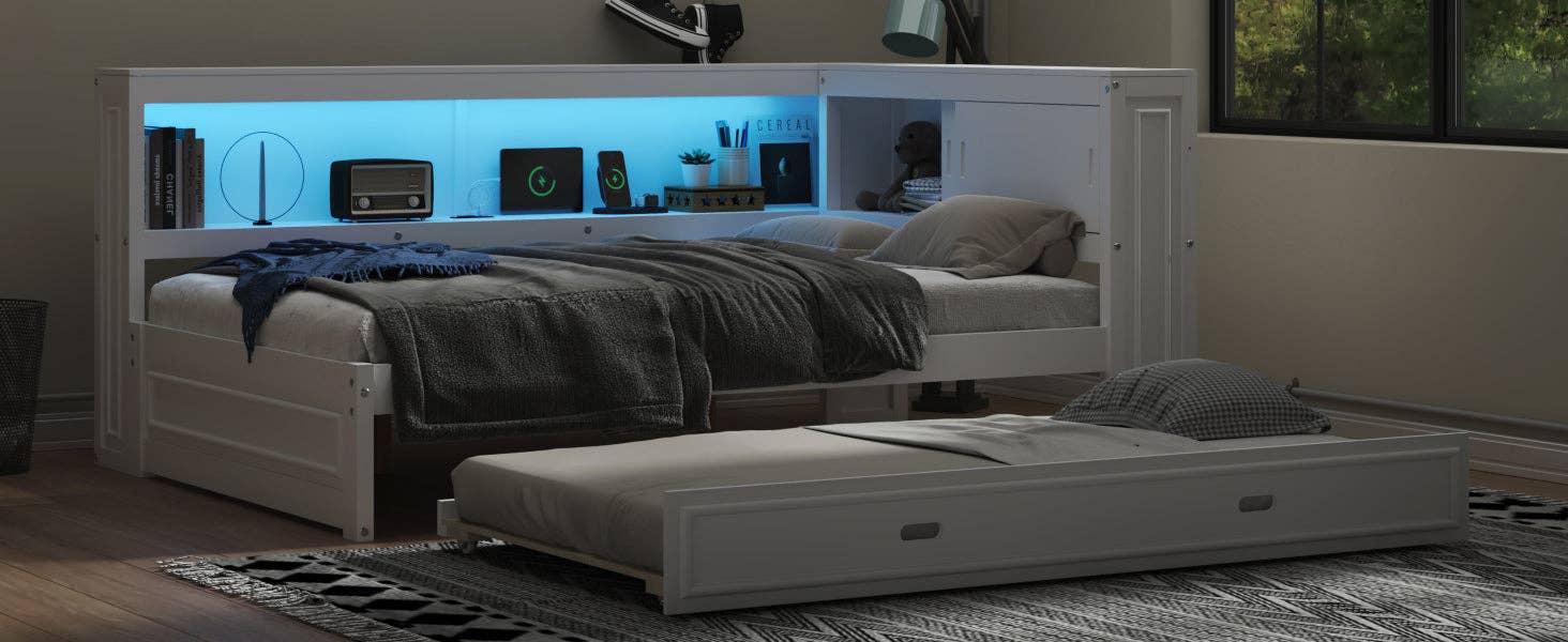 39F Inc. - Wholesale Bed - Full Size White Daybed with Storage Shelves USB and Trundle5