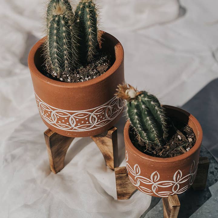 Matr Boomie Fair Trade - Vendita all'ingrosso Vasi per piante - Vaso per piante in terracotta Daksha con supporto in legno, grande1