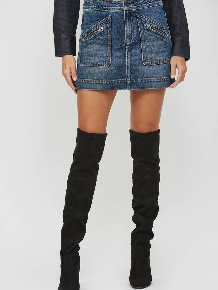 Dark Wash Front Patch Zipper Pockets Mid Rise Mini Skirt for wholesale by Hidden Jeans