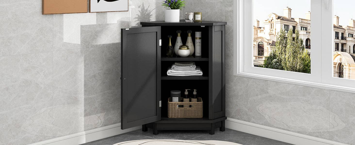 Orange County Decor - Wholesale Cabinet - Black Bathroom Cabinet Triangle Corner Storage Cabinet With Adjustable Shelf Modern Style Mdf Board Black Mdf1