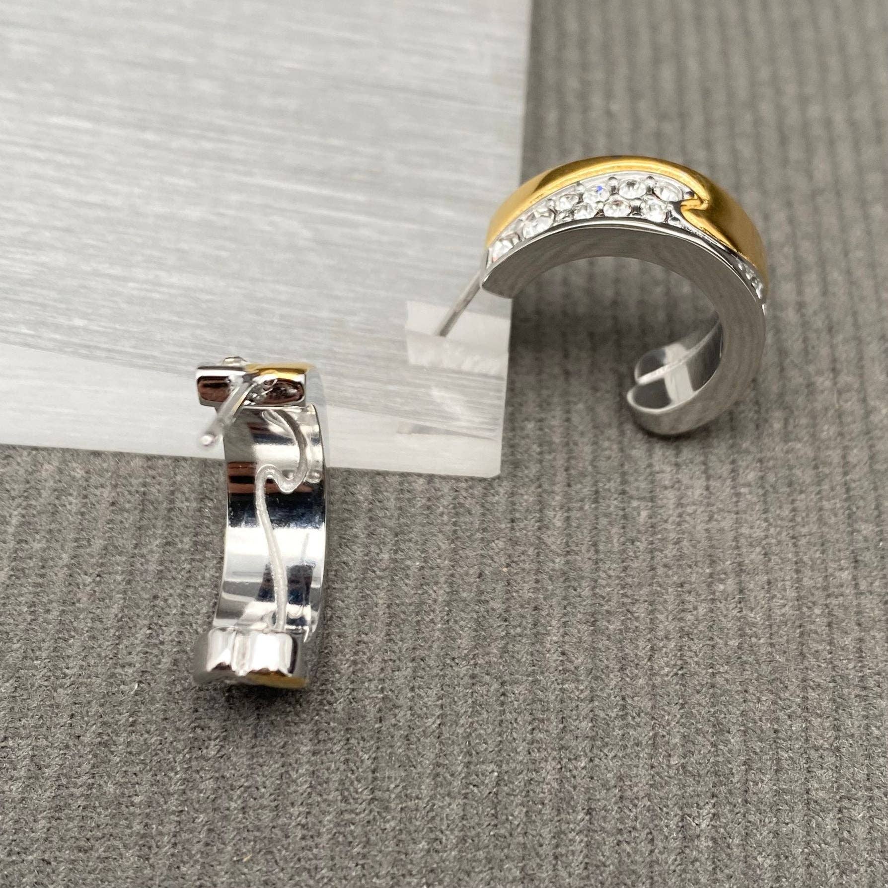 Mio Queena - Wholesale Hoop Earrings - CZ Inlaid Two Tone 18K Gold Plated S.Steel Post Earrings - FGS2