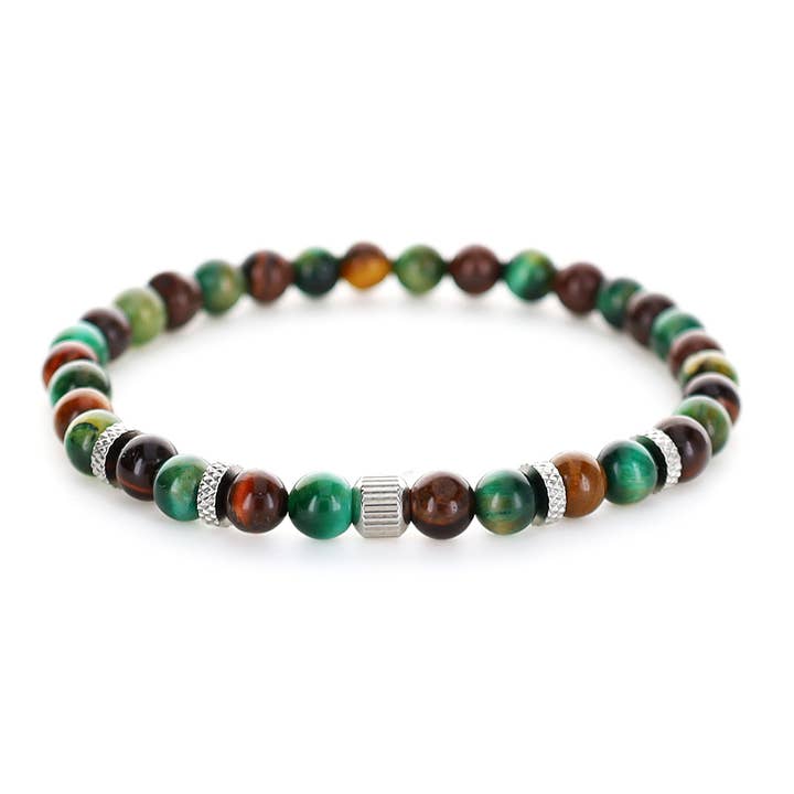 Bracelet in Tiger Eye, Green and Rust with Metal Accents for wholesale by MWM fashion