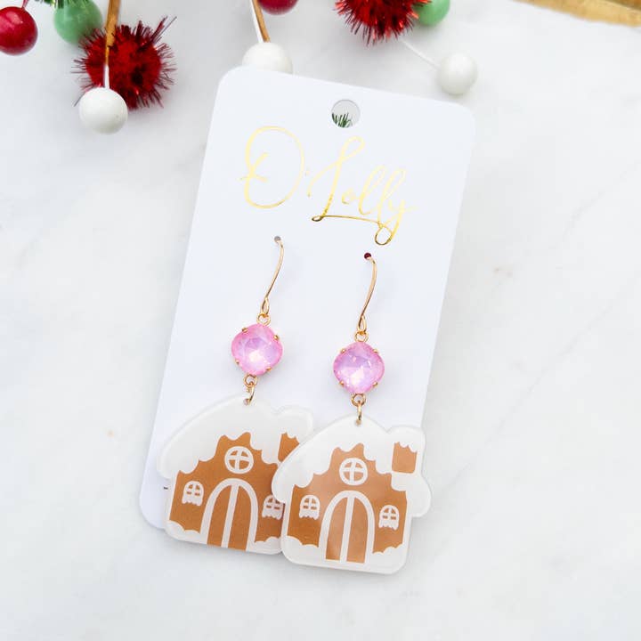 Gingerbread House w/Pink Stone Earrings for wholesale by O’Lolly Jewelry