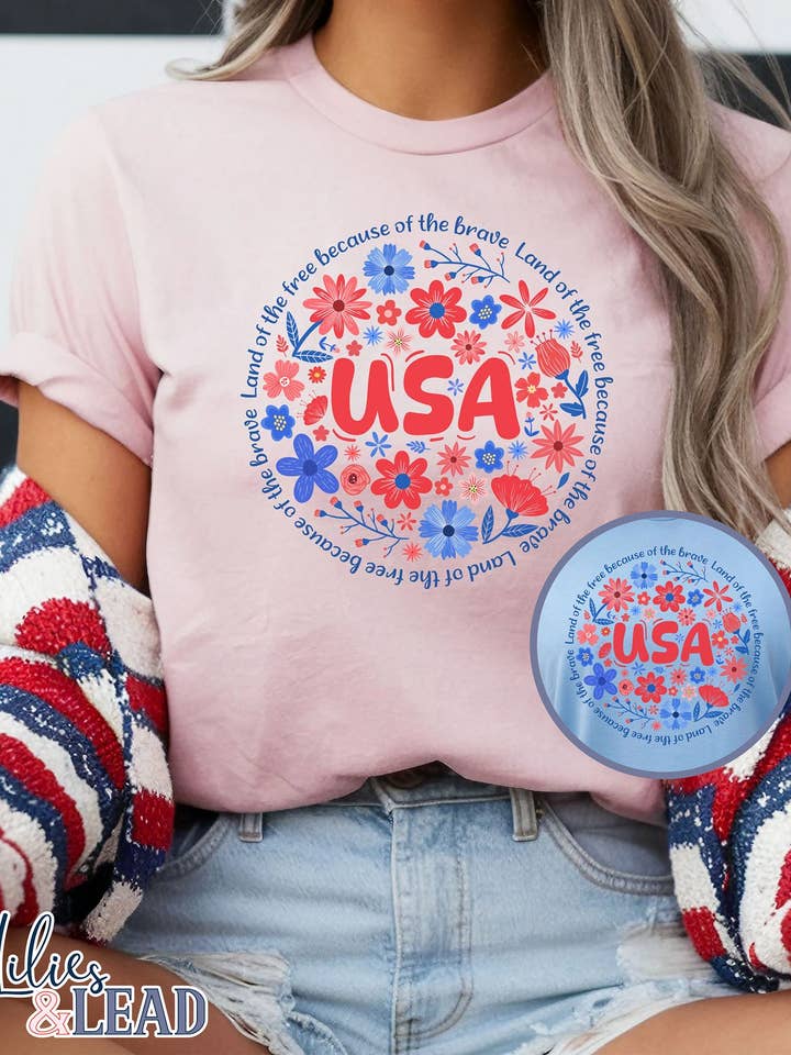 USA Floral Tee - Land of the Free for wholesale by Lilies & Lead