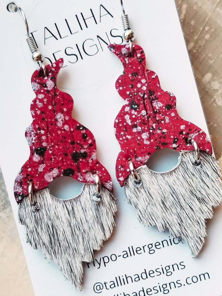 Red Splatter Genuine Leather Backed Cork Gnome Earrings for wholesale by Talliha Designs