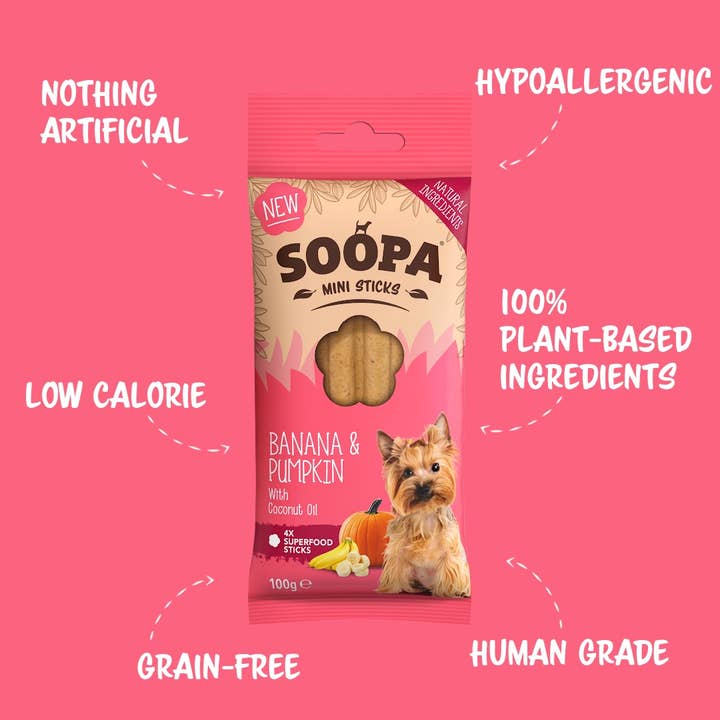 Soopa Europe - Wholesale Pet Treats - Dog - Mini Breed (Banana & Pumpkin) Dog Dental Sticks